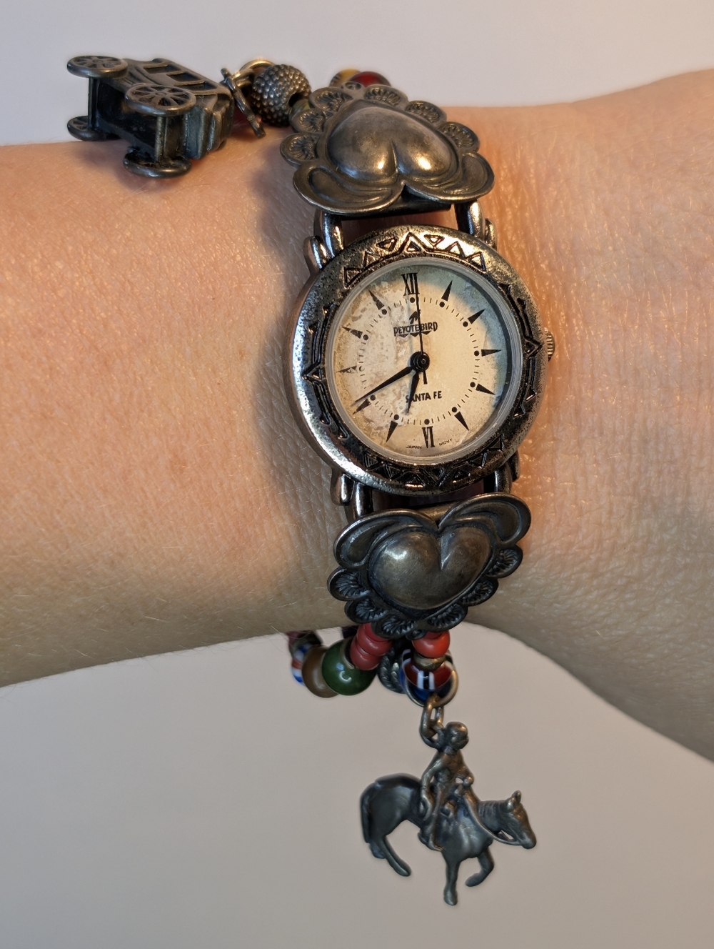 RARE Peyote Bird Designs Santa Fe Beaded Charm Watch -  Sterling Silver - Horse